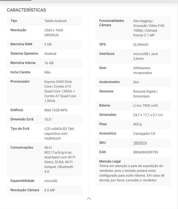 Tablet Samsung Galaxy Stab 10 Polegadas