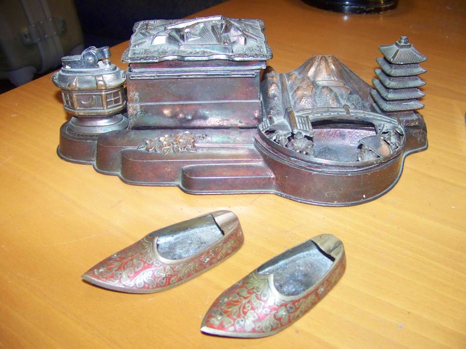 cinzeiro, cigarreira, isqueiro - conjunto chinês antigo em cobre