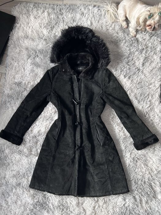 Gruby ocieplany długi plaszcz SAKI zimowy skórzany skórs naturalna
