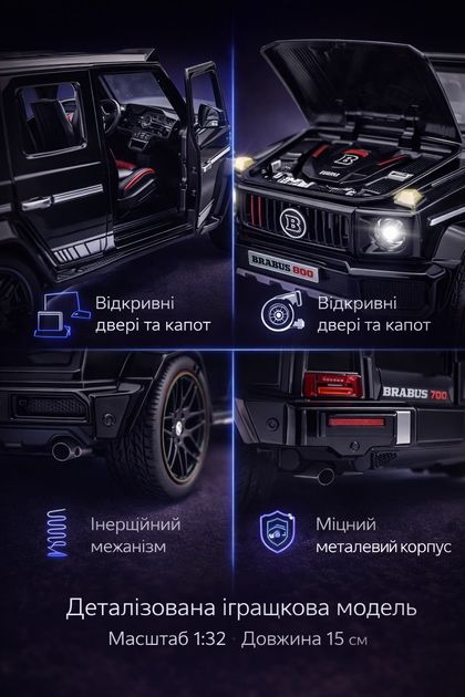 Іграшкова колекційна дитяча модель автомобіль Mercedes G-Class з інерційним механізмом Мерседес Гелік Brabus G700 15 см 1:32