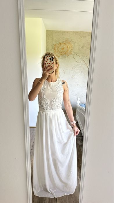 Śmietankowa suknia ślubna ślub poprawiny sesja zdjęciowa boho 38 white biała