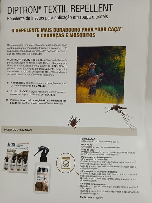Repelente de insetos Diptron para aplicações em roupas e têxteis.
Atua