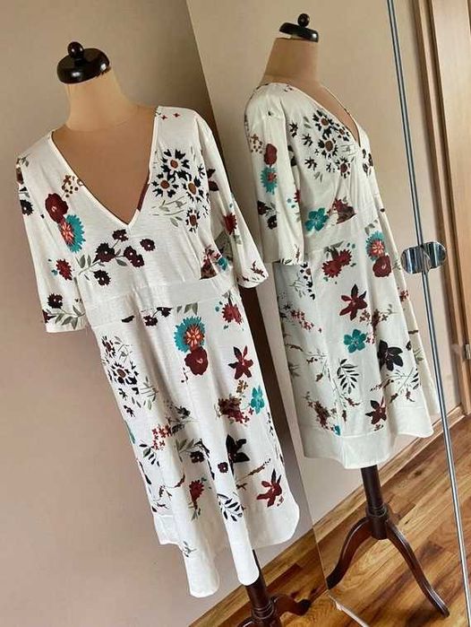 Xxl 44 42 biala sukienka floral modna midi 7/8 plus size +size