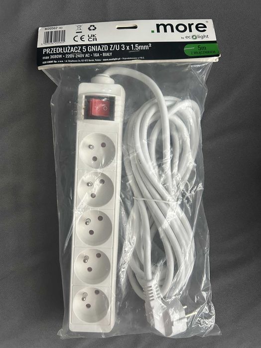 Przedłużacz listwa zasilająca 5 gniazdek z wyłącznikiem 5m biały