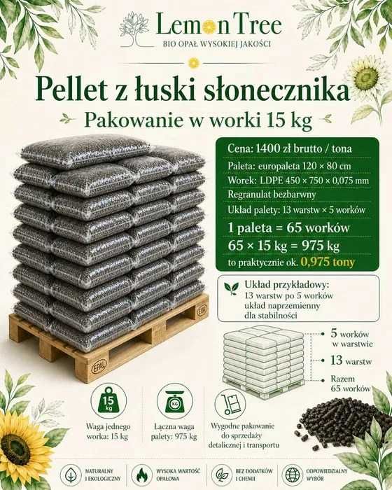 Pellet z łuski słonecznika pakowanie w worki 15 kg