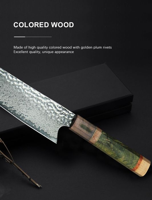 Кованый поварской нож Кирицуке японской дамасской стали 45 слоев HRC59