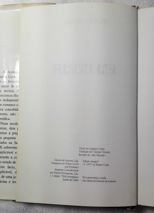 Livro  Em Coma (Robin Cook)