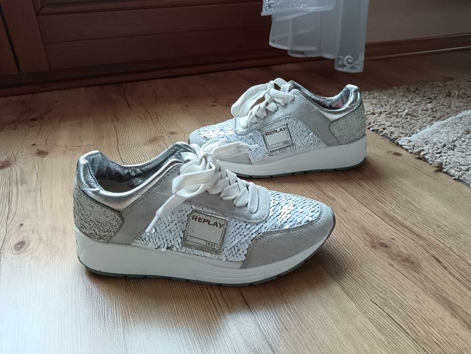 Sneakersy Replay szaro białe cekiny