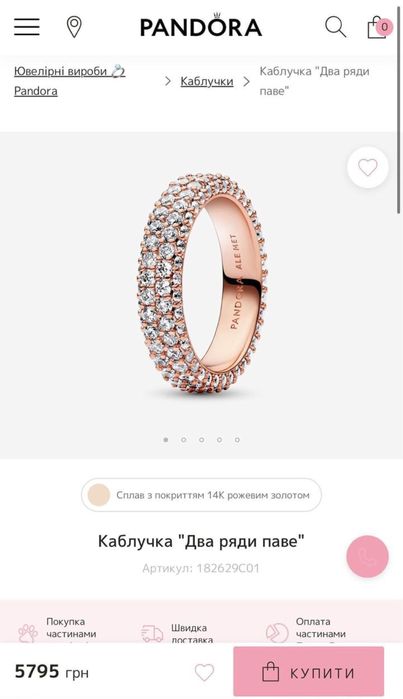 Каблучка Pandora 54 розмір 17.2мм