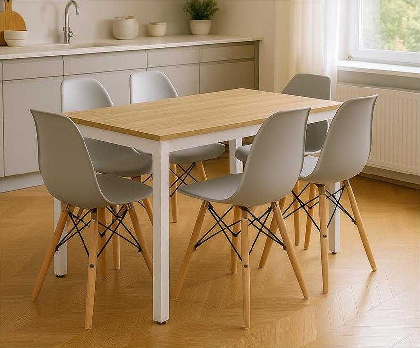 NOWY Stół z Krzesłami Biały Loft do Kuchni Salonu Jadalni Drewniany FV