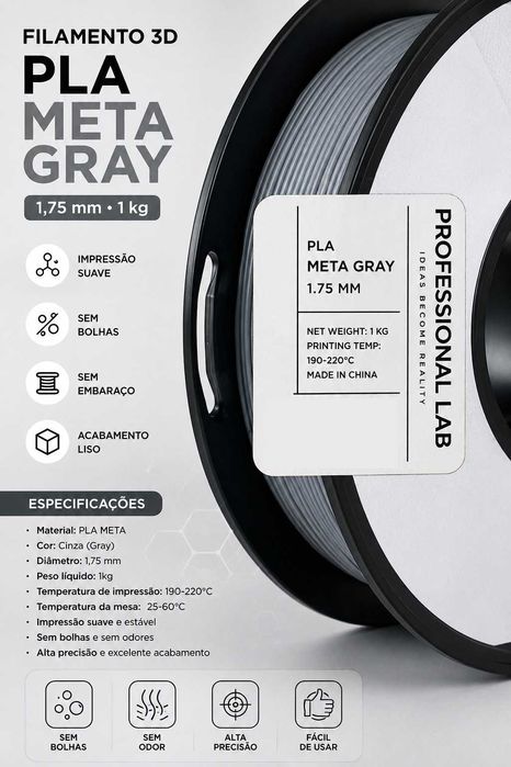 Filamento PLA META Cinza (Gray) para impressora 3D – 1kg / 1,75mm