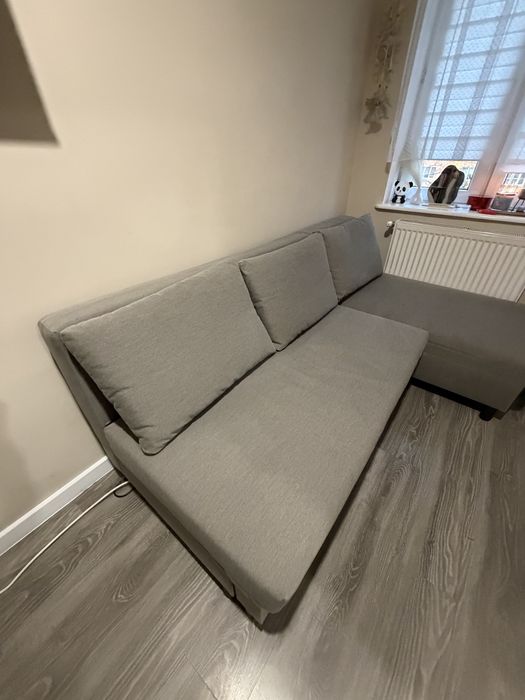 ÄLVADALEN 3-osobowa sofa rozkładana z szezlongiem, Knisa szarobeżowy