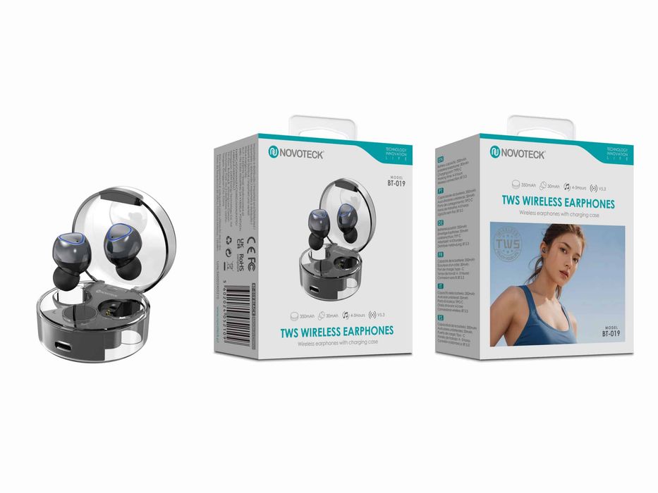 Auriculares Bluetooth TWS Negro BT-019 Estojo de Carregamento Transpar
