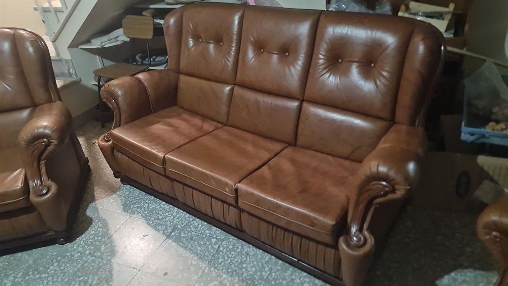 Jogo de Sofá Castanho em Pele
