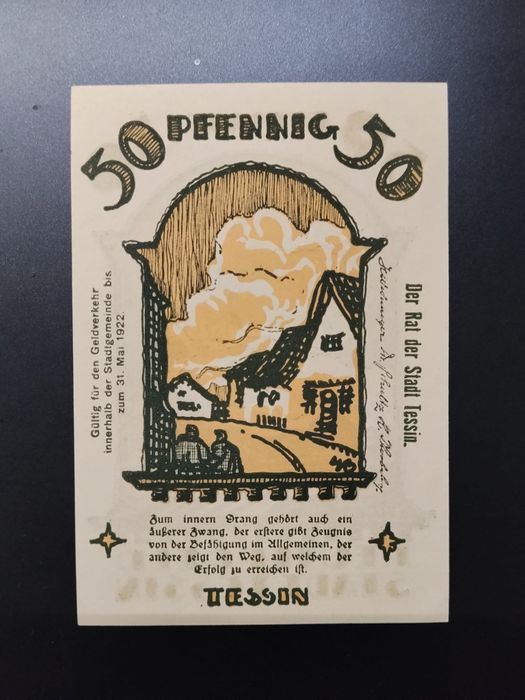 Banknot Notgeld 50 Fenigów 1921 Tessin Meklemburgia Reutergeld