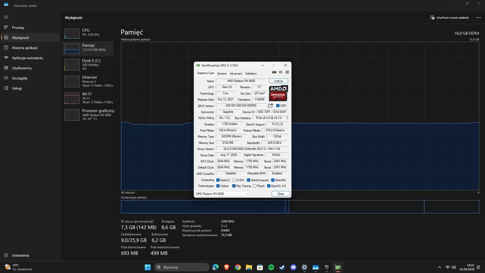 Komputer gamingowy Ryzen 5 3600 + RX 6600 8GB | 16GB RAM | 1TB SSD