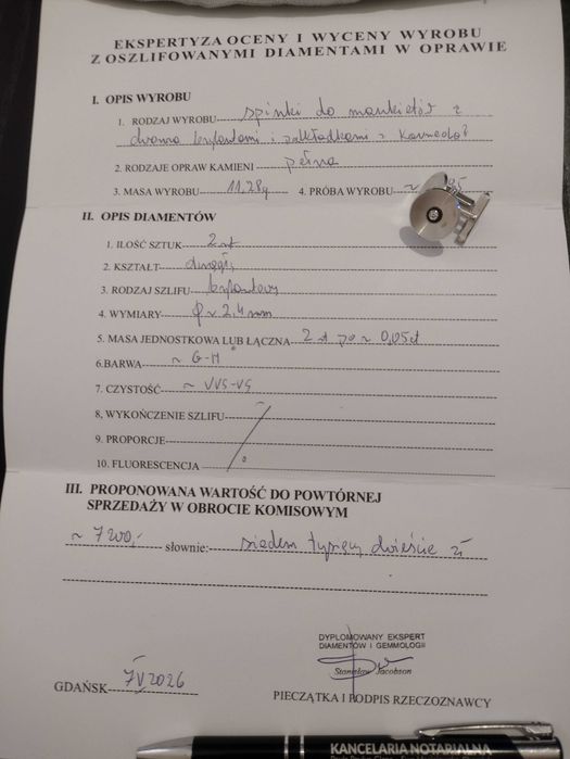 Spinki złote do mankietów 585 z 2szt brylantów certyfikat Jacobson