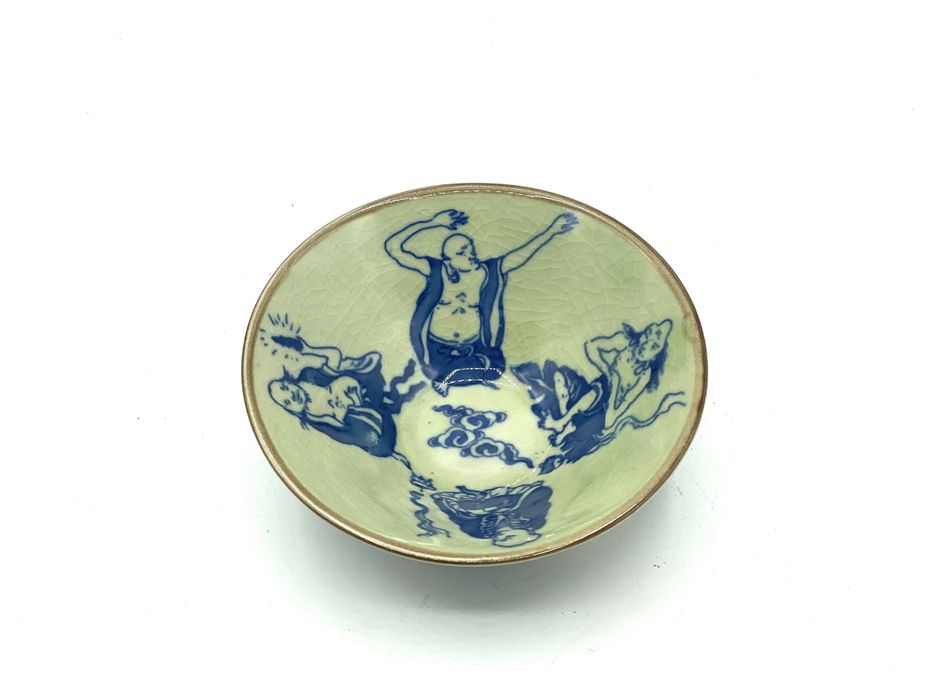 Tigela de porcelana azul e branca chinesa Ching Dinastia 9 Imortais