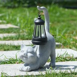 Żywiczna figurka kota z latarnią solarną led dekoracja ogrodowa szary