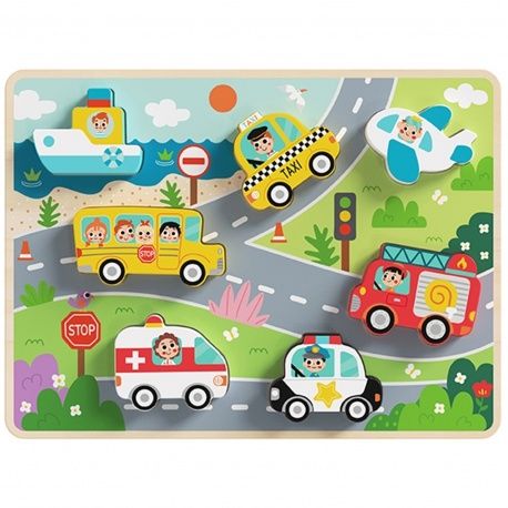 Tooky Toy Drewniane Puzzle Montessori Pojazdy Samochody Samolot Statek