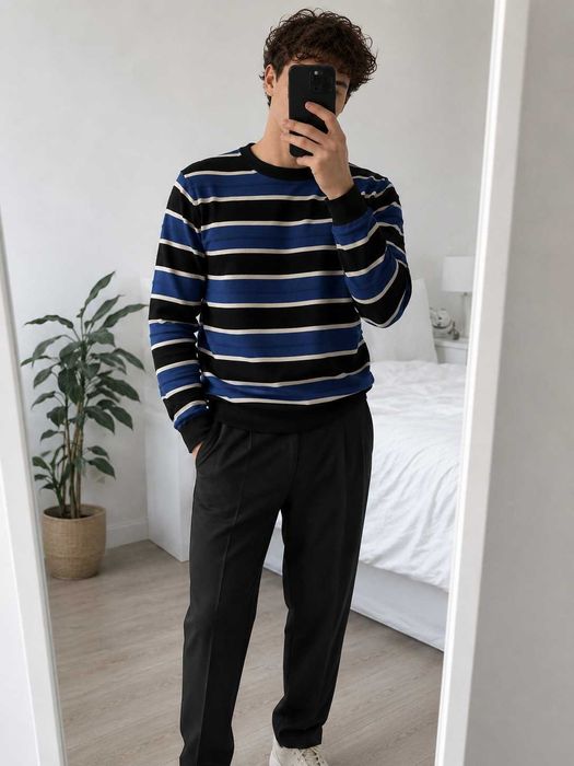 Lekki męski sweter w paski z wełną merino 50% wool