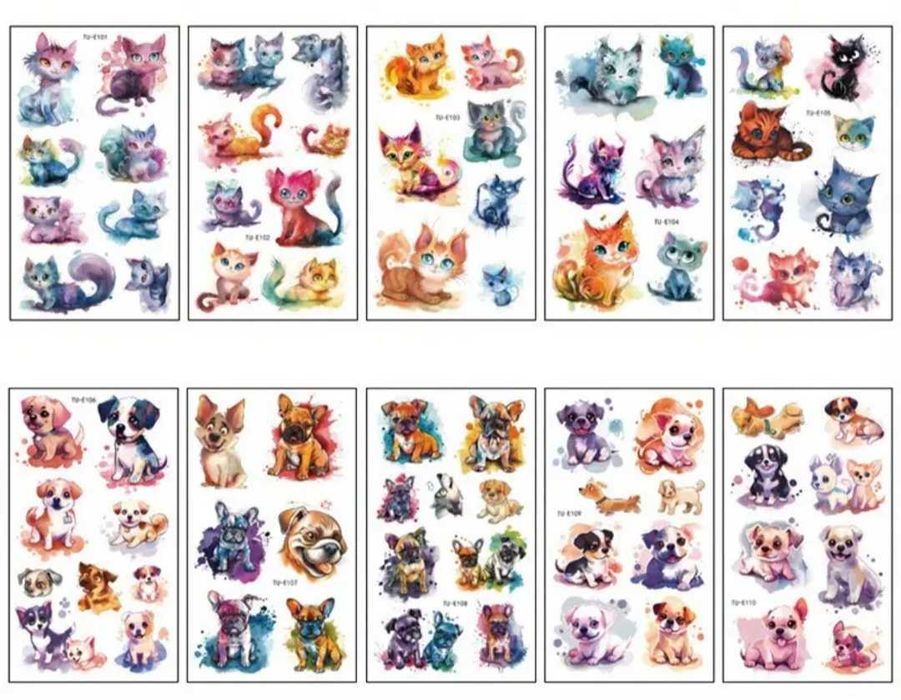 Tatuaże dziecięce KOTKI I PIESKI 5 dużych arkuszy!