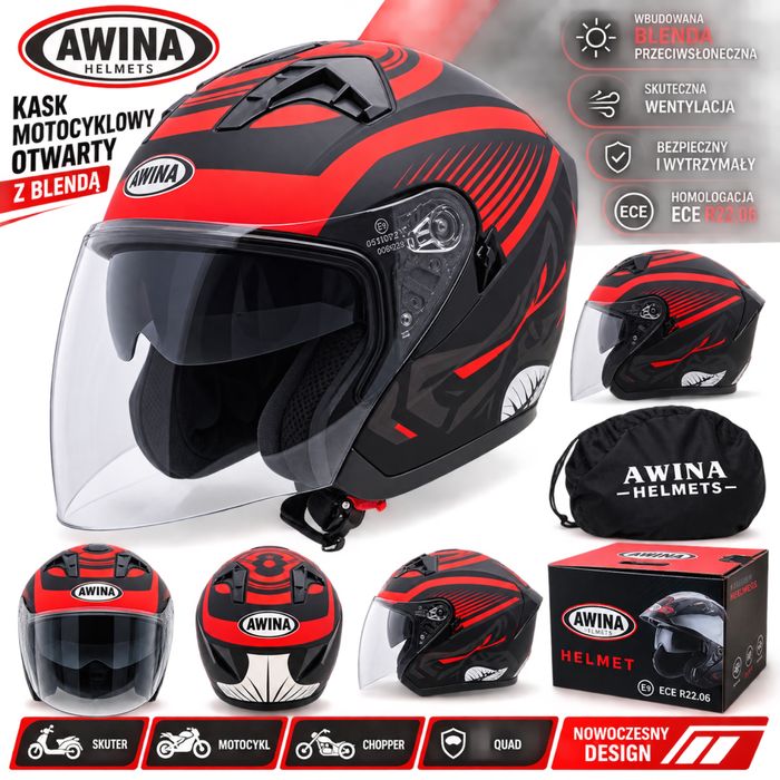 KASK Otwarty Motocyklowy RED MATT Skuter Chopper ECER 22.06 + BLENDA