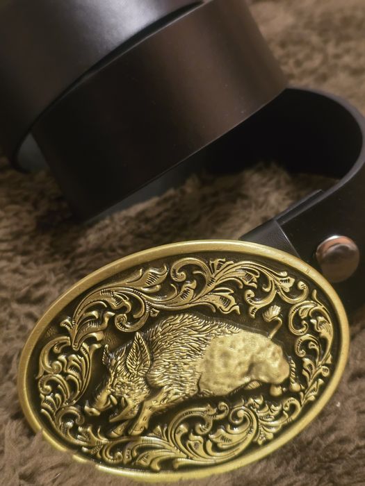 Skórzany pasek myśliwski DZIK ODYNIEC Wycinek Przelatek. Nowy. 130cm.