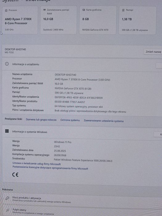 Komputer stacjonarny GTX 1070 + 16GB RAM + Ryzen 7