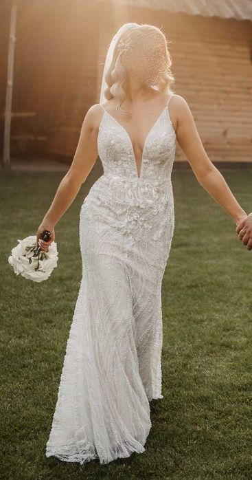 Luksusowa suknia ślubna rybka/syrenka, koronka z perełkami