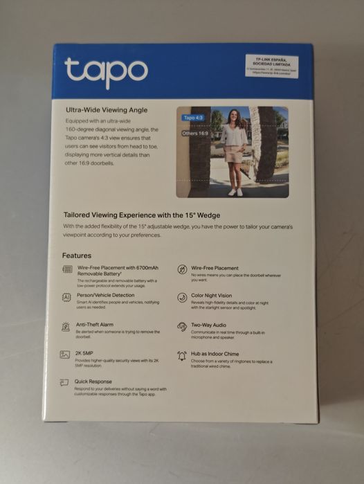TP-Link TAPO - Vídeo-Porteiro WiFi 2K (Bateria) + HUB + Campainha