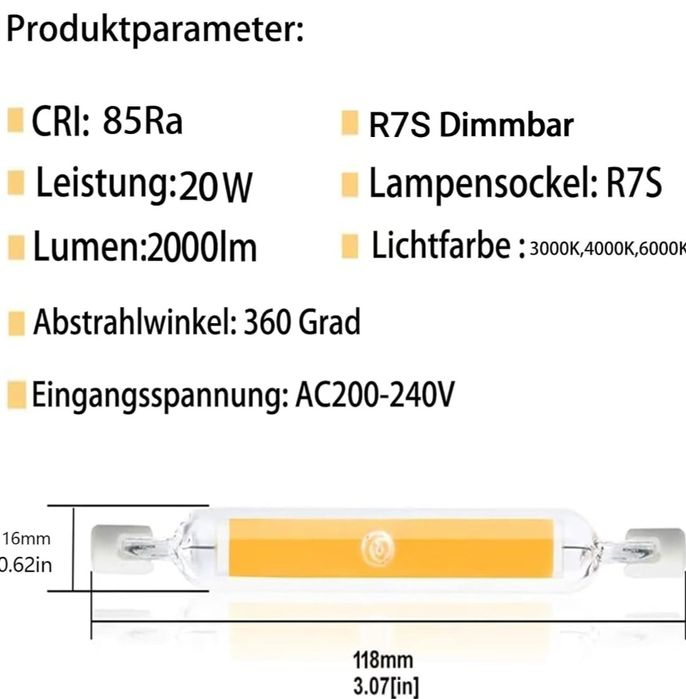 Żarówka LED R7S 118 mm 20 W / Zamiennik halogenu 200 W  bez migotania