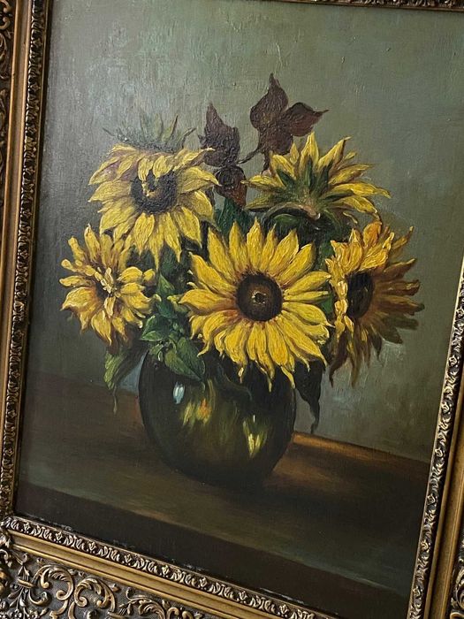 Girassóis, pintura antiga a óleo sobre madeira, com moldura antiga