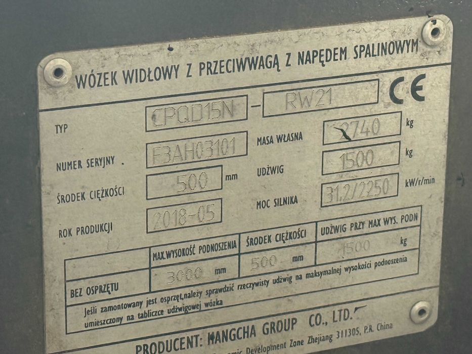Wózek widłowy udźwig 1500 kg