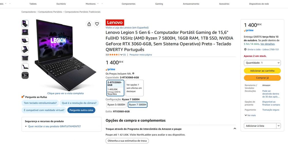 Lenovo Legion 5 Gen 6 - Portátil Gaming FullHD 165Hz - NOVO 3 ANOS GARANTIA - Teclado QWERTY Português