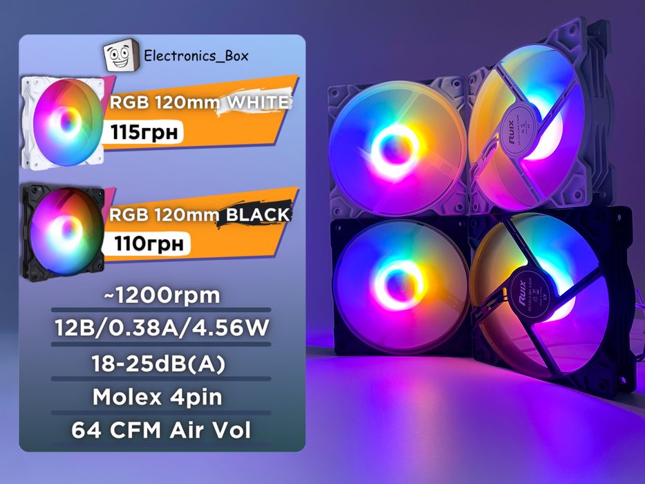 Корпусний Кулер Вентилятор 120mm RGB Охолодження для ПК Чорний/Білий