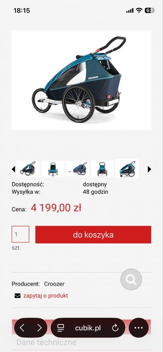 Wózek rowerowy „Croozer Kid 1” 1 os.