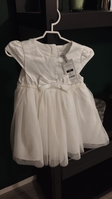 Nowa Biała sukienka z kokardą i tiulem z krótkim rękawem 86