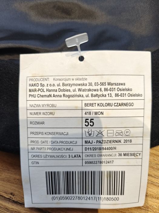 Beret koloru czarnego 418/ MON rozm. 55 cm