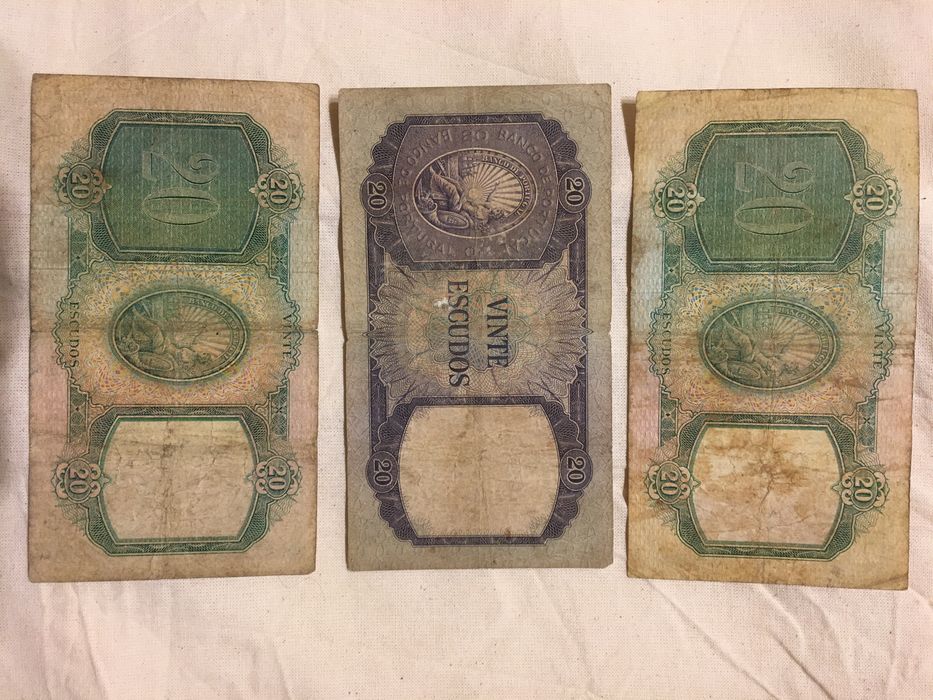 Tres notas antigas de 20 escudos - notafilia