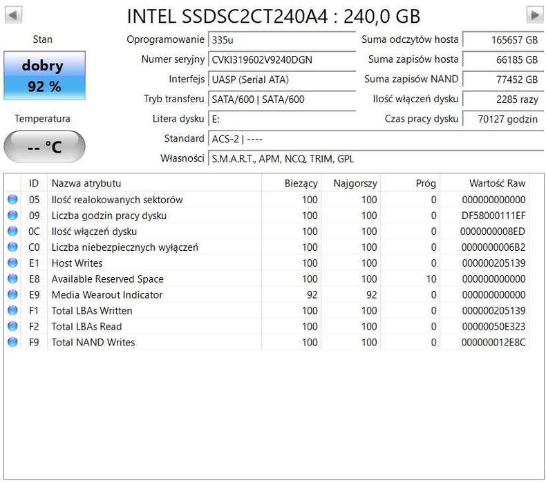 Dysk SSD Intel 335 240 GB - 100% sprawny