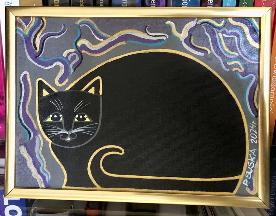 Ręcznie malowany obrazek - czarny kot, w złotej oprawie