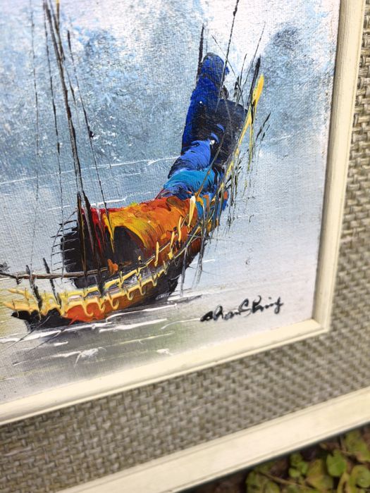 Obrazy olejne, azjatyckie łodzie, gruba warstwa farby, sygnowane