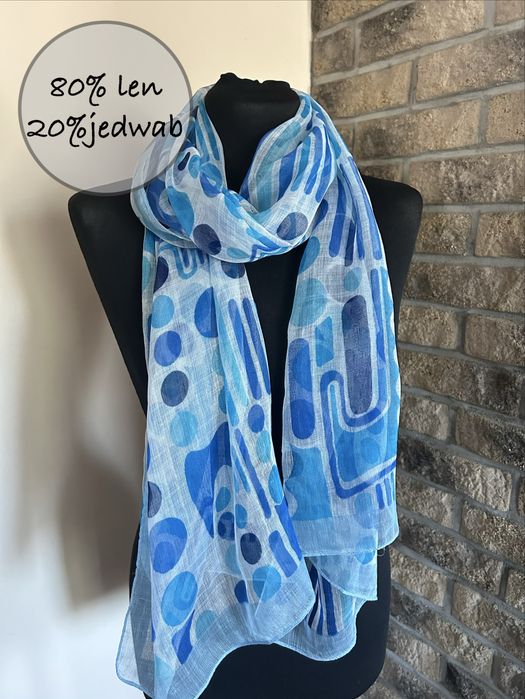 Niebieski lniany szal z jedwabiem len jedwab