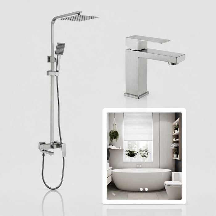Готовий комплект для ванної кімнати Lidz Helix Nickel + LED дзеркало Kubis 700×800 | Душова система 3-в-1 та змішувач для раковини