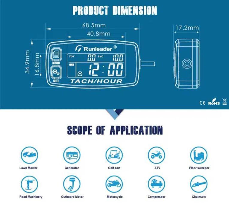 Тахометр счетчик моточасов  RL-hm032B с заменяемой батарейкой