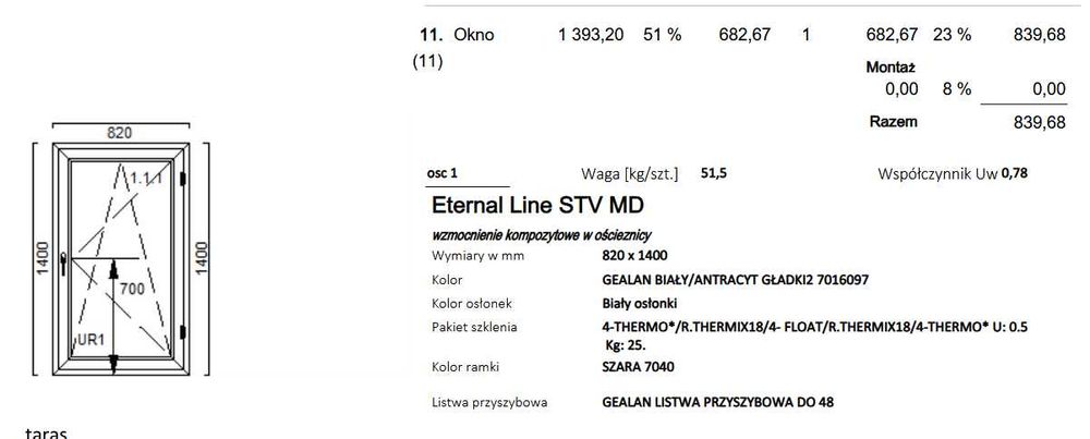 Okno 820 x 1400 biały/antracyt 3 szyby #OK33