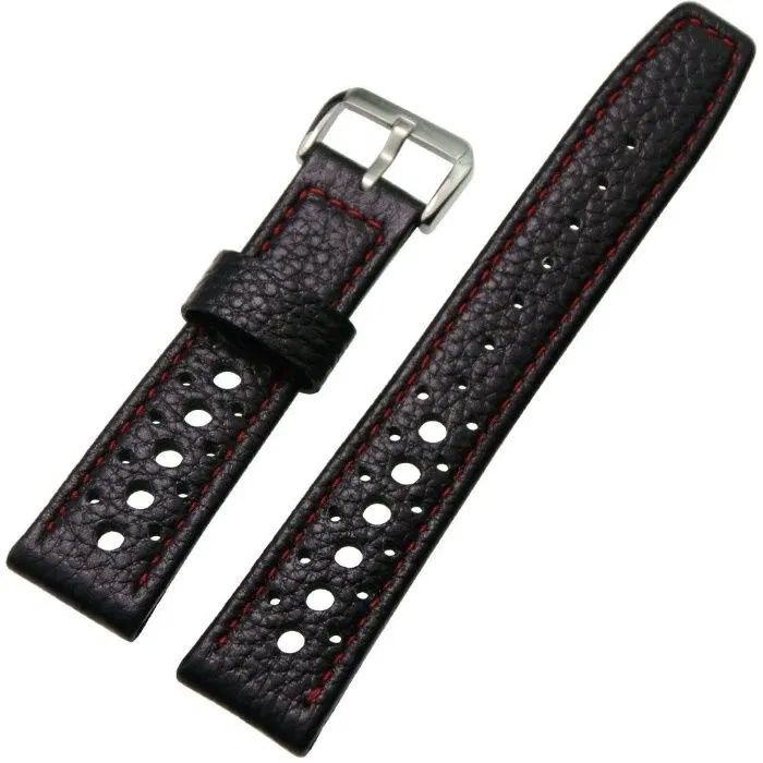Bracelete Pele Preta Pespontos Vermelho 22mm Cauny Tissot Omega Seiko