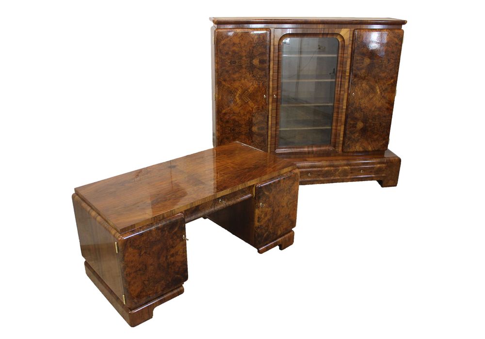 Komplet gabinetowy Art - Deco w orzechu po renowacji / biblioteka i biurko / antyki / dostawa