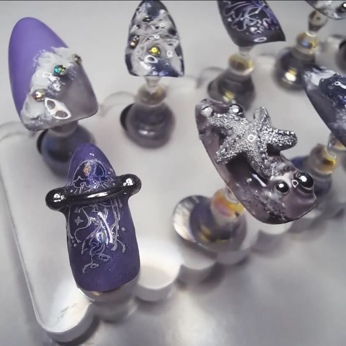 Fioletowe Morskie Tipsy Migdałki Press On Nails